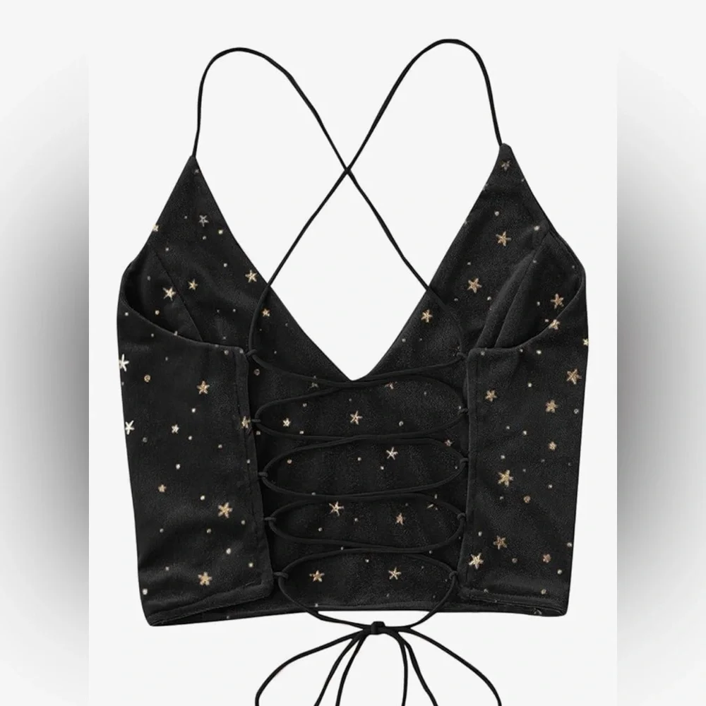 Velvet Black with Gold Stars   Strappy crop Top - Picture 2 of 2